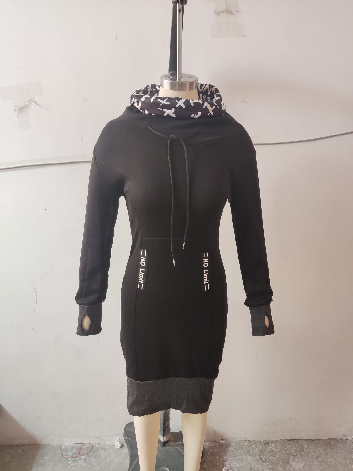 Long Sleeve Letter Print Bib Slim Dress