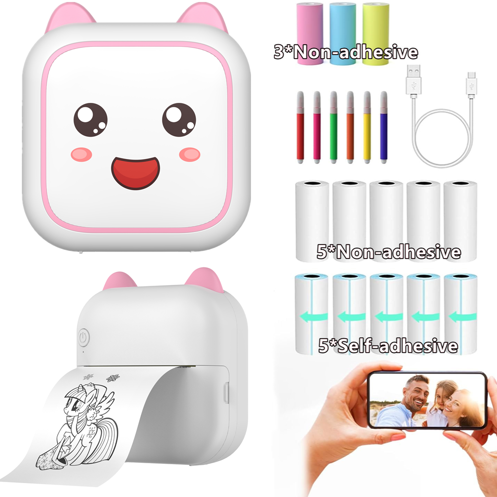 Bluetooth Inkless Mini Pocket Thermal Printer Sticker Photo Label Paper 6 Pens