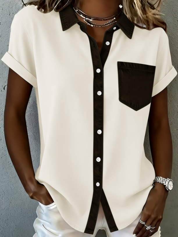Casual Collared Button-down Color-blocked Pocket Short-sleeved Shirt For Women, Loose Fit, Suitable For Commuting.