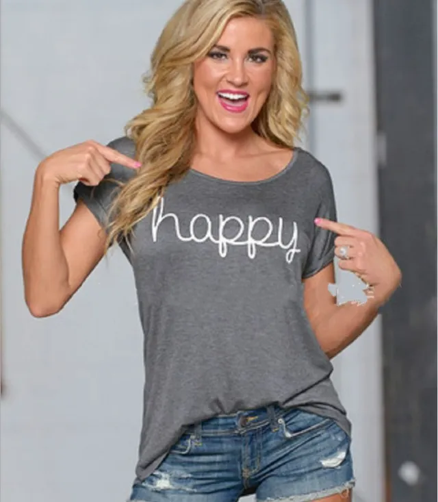 HAPPY European And American Fashion Lettering Ladies Short sleeved T shirt Grey - Shop at LoveMi