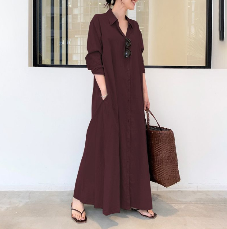 Solid Color Collared Long Sleeve Shirt Dress With Pockets, Loose Casual Maxi