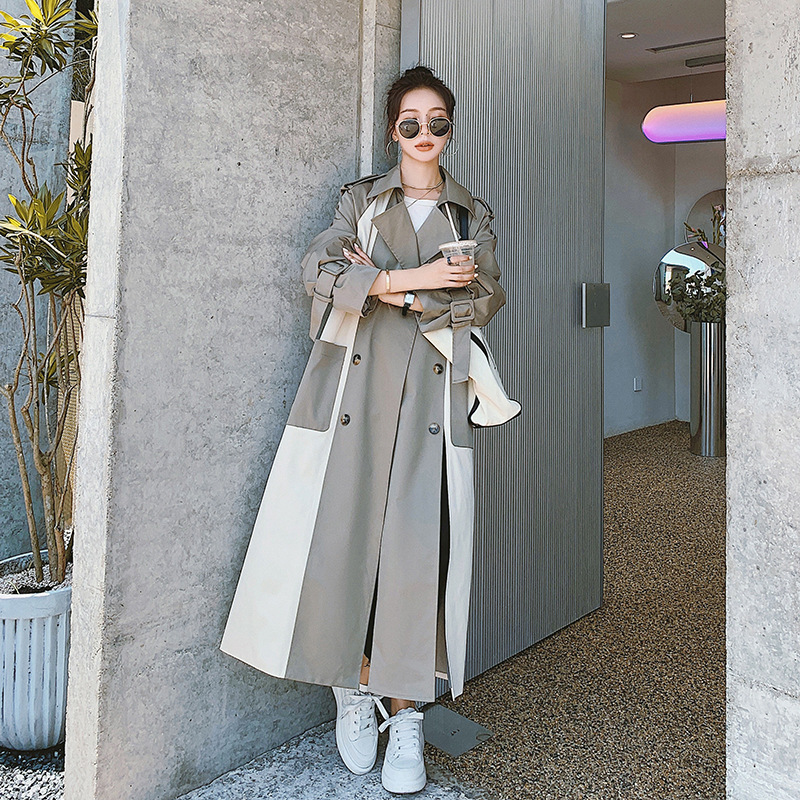 Stitching Contrast Drape Windbreaker British Style Fashion Over The Knee