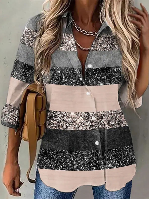 Women's Lapel Printed Long Sleeve Button Shirt