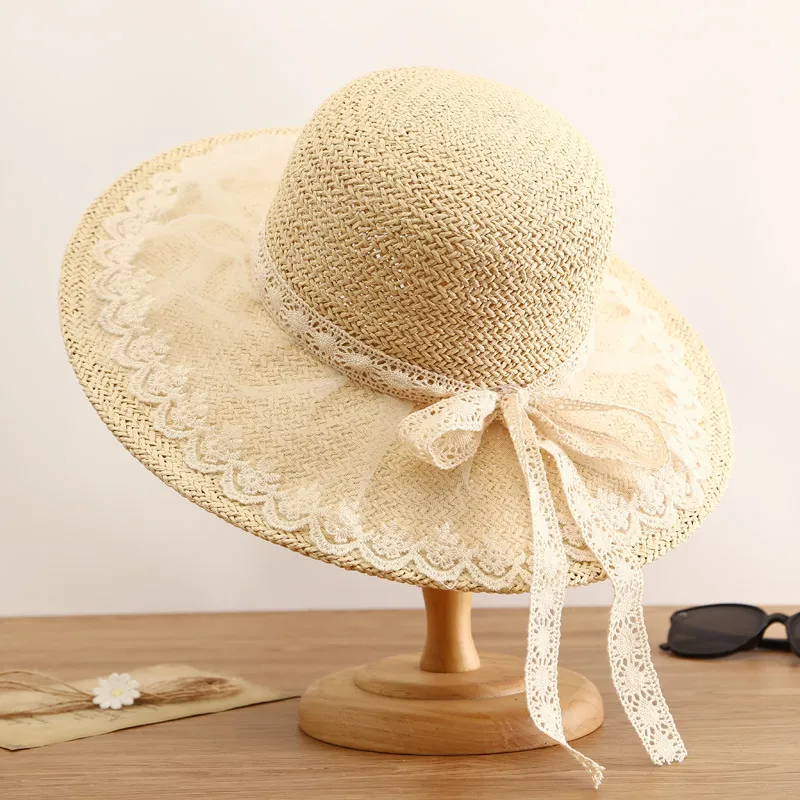 Princess Lolita Straw Hat Lace Butterfly Festival Soft Sister Hat Female Sunscreen Sunscreen French Ladies Style Top Hat - Beige