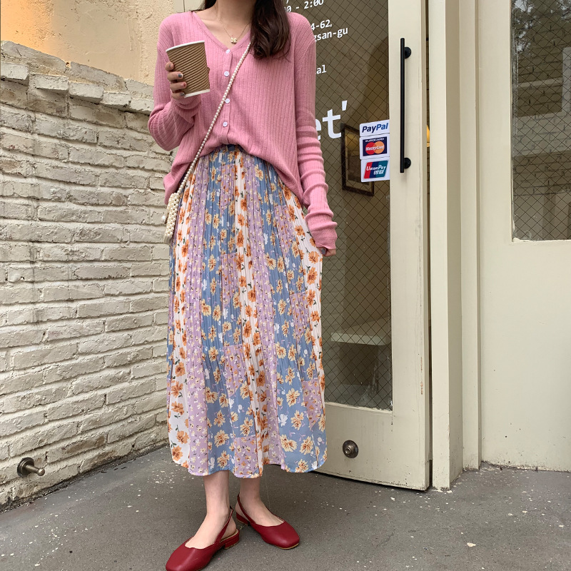 Summer New Style Temperament Color Matching Floral Pleated Mid-Length Chiffon Skirt Women