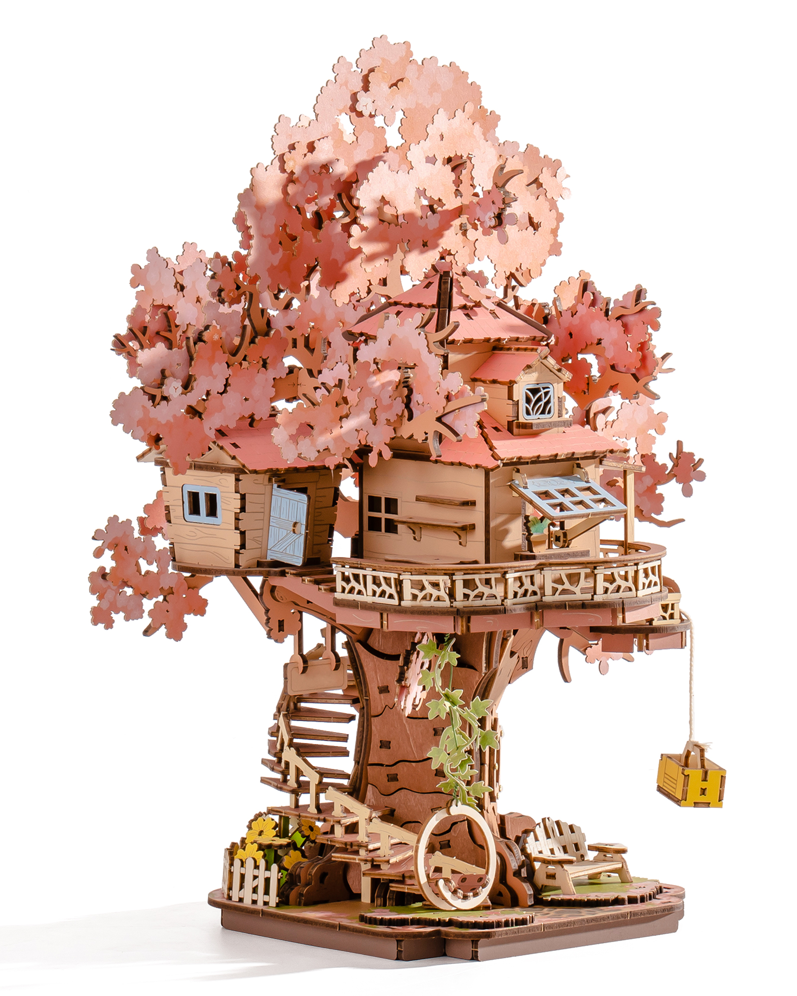 Rolife DIY Miniature Sakura House Set - Sakura Tree House, 3D Wooden Japanese Sakura Building Kit With Swing And Spiral Staircase, 535 Pieces, Bonsai Craft Home Decor Gift For Adults And Teens