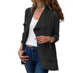 Women's Solid Color Long-sleeved Short Windbreaker Casual All-match Cardigan Jacket - Black - View 1