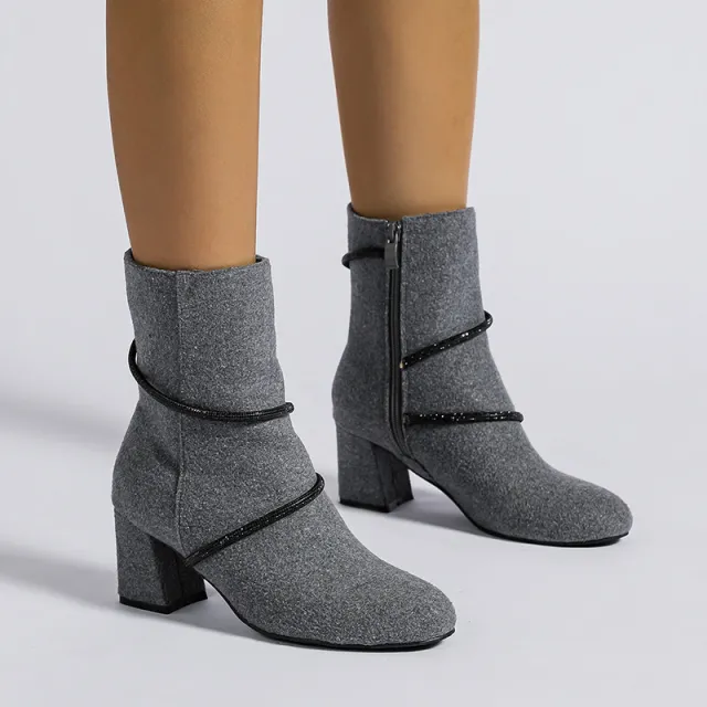 Chunky Mid Heel Boots With Rhinestone Chain Design Shoes For Women Grey - Shop at LoveMi