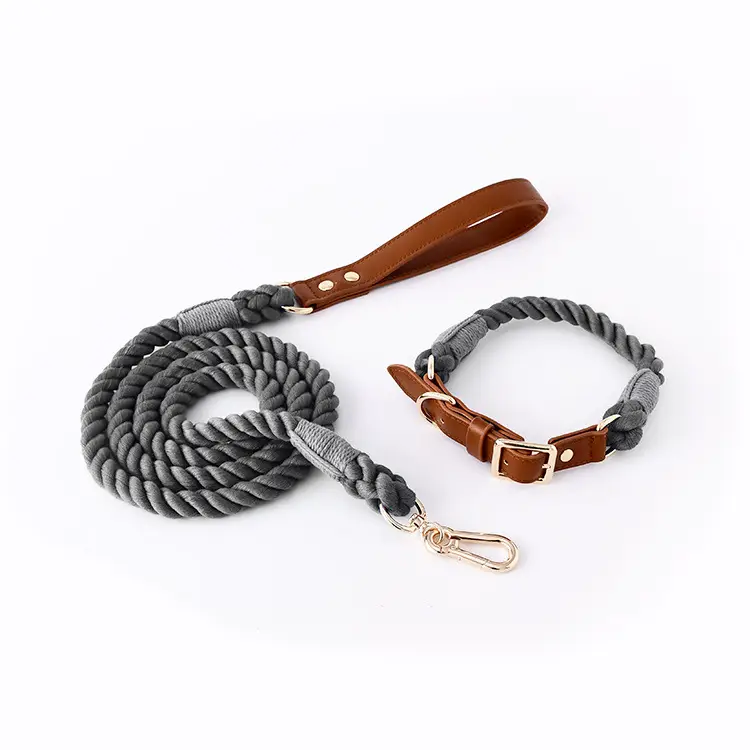 Cotton Rope Woven Leather Pet Leash Collar Set Medium Large Dog Walking