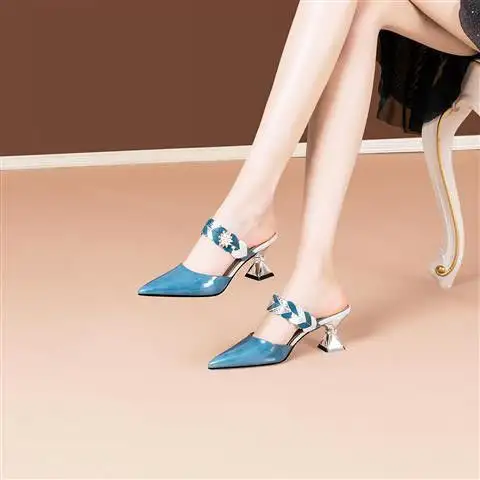 Pointed-toe Rhinestone High-heeled Sandals And Slippers Pearl Outer Wear Lazy Drag