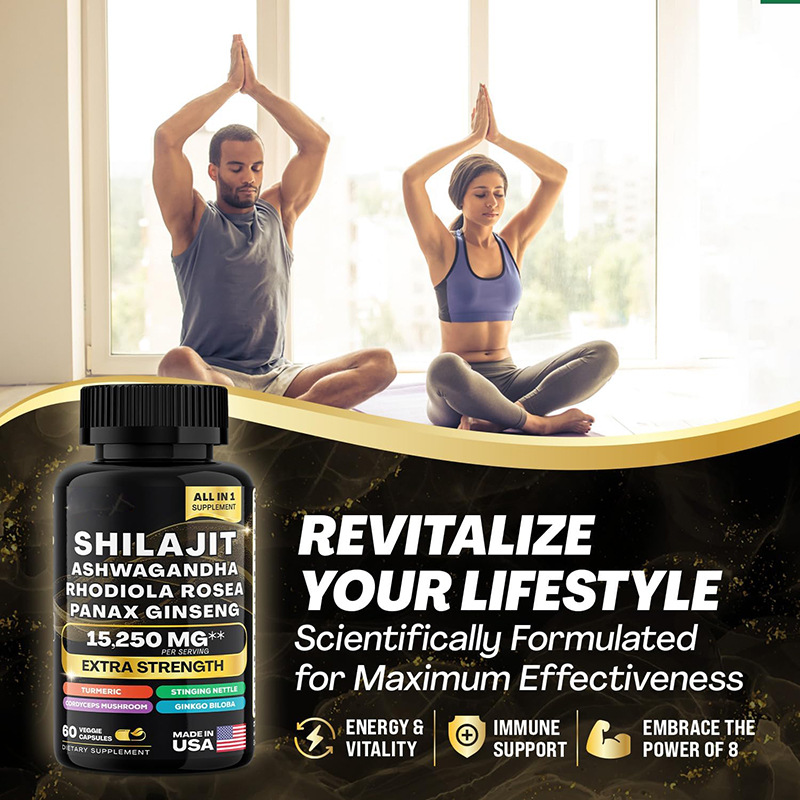 Bottle of Shilajit Pure Himalayan 9000MG, Energy Booster Ashwagandha 2000MG, Rhodiola Rosea 999MG, Panax Ginseng 1500MG, Turmeric 500MG, Ginkgo Biloba 500MG, Stinging Nettle 250MG Cordyceps Mushroom 500