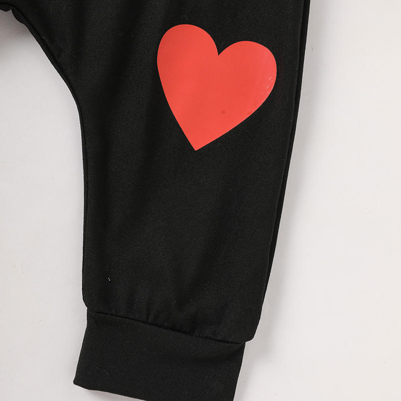 2pcs Baby Boy's 'Heart Crusher' Print Valentine's Day Set, Long Sleeve T Shirt Top & Black Heart Print Pants — view 4
