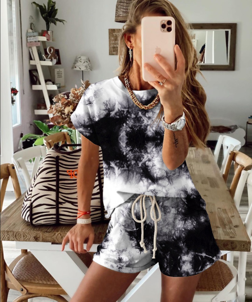 Ladies Tie Dye Gradient Pajama Short Sleeve Homewear Set