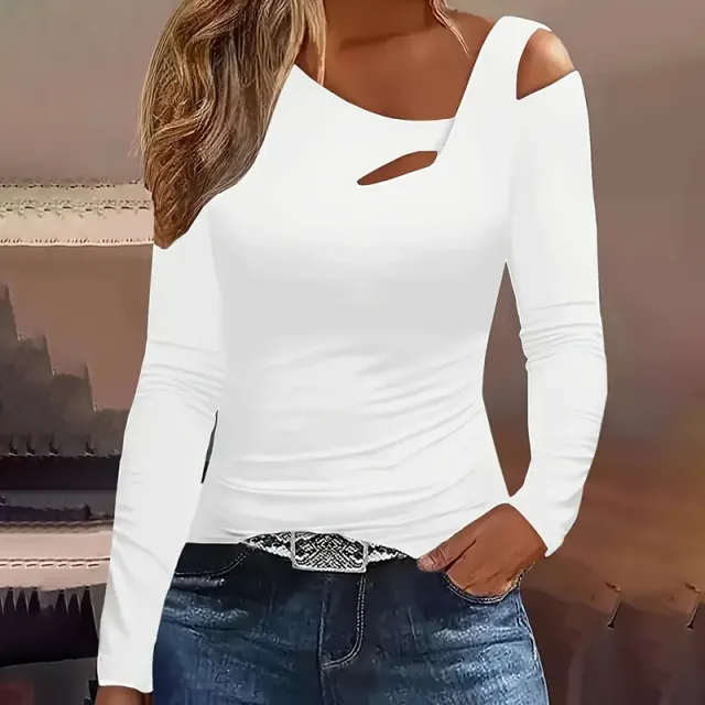 Women's Cut Out Off Shoulder Top Long Sleeve Plain Tee For Holiday, Spring & Autumn White - Shop at LoveMi