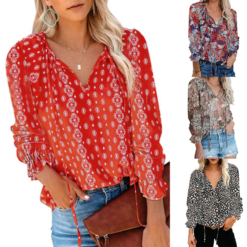 Title 5, Printed Long-sleeved Casual Loose Chiffon Shirt