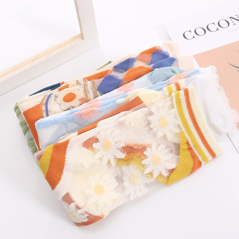 5 Pairs Of Women's Summer Ultra-thin Transparent Ice Silk Glass Silk Long Tube Lace Mid Tube Crystal Socks