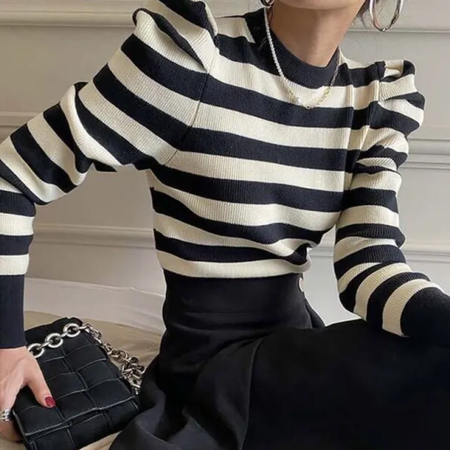 Autumn Retro Simple Round Neck Collar Collision Color Striped Design Knitwear Image Color - Shop at LoveMi