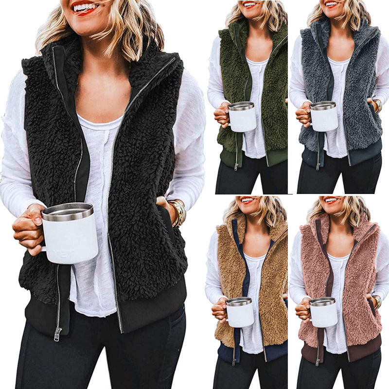 Women's Warm Furry Vest Jacket With Zipper Pockets