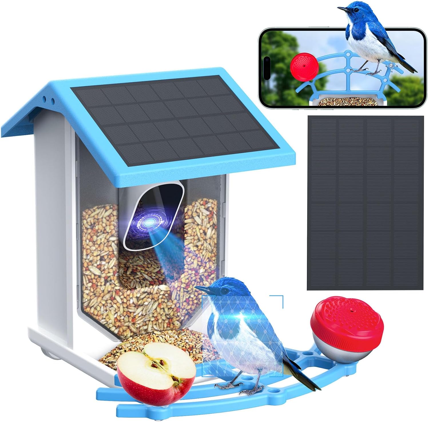 Smart Bird Feeder With Camera Solar Powered WiFi 4MP Live Camera AI Identify Bird Species Auto Capture Garden Bird Watching Motion Detection Ideal Gift For Bird Lovers Blue