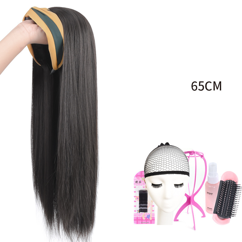 Wig Women's Long Hair Lazy Headband Black Long Straight Hair Half Headgear Style — foto 6