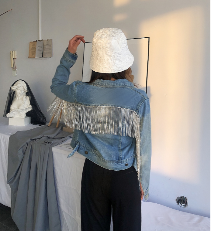 Rhinestone Body Light Blue Lapel Slim Denim Jacket