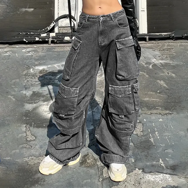 Fashion High waisted Personalized Stitching Denim Trousers Dark Grey - Shop at LoveMi