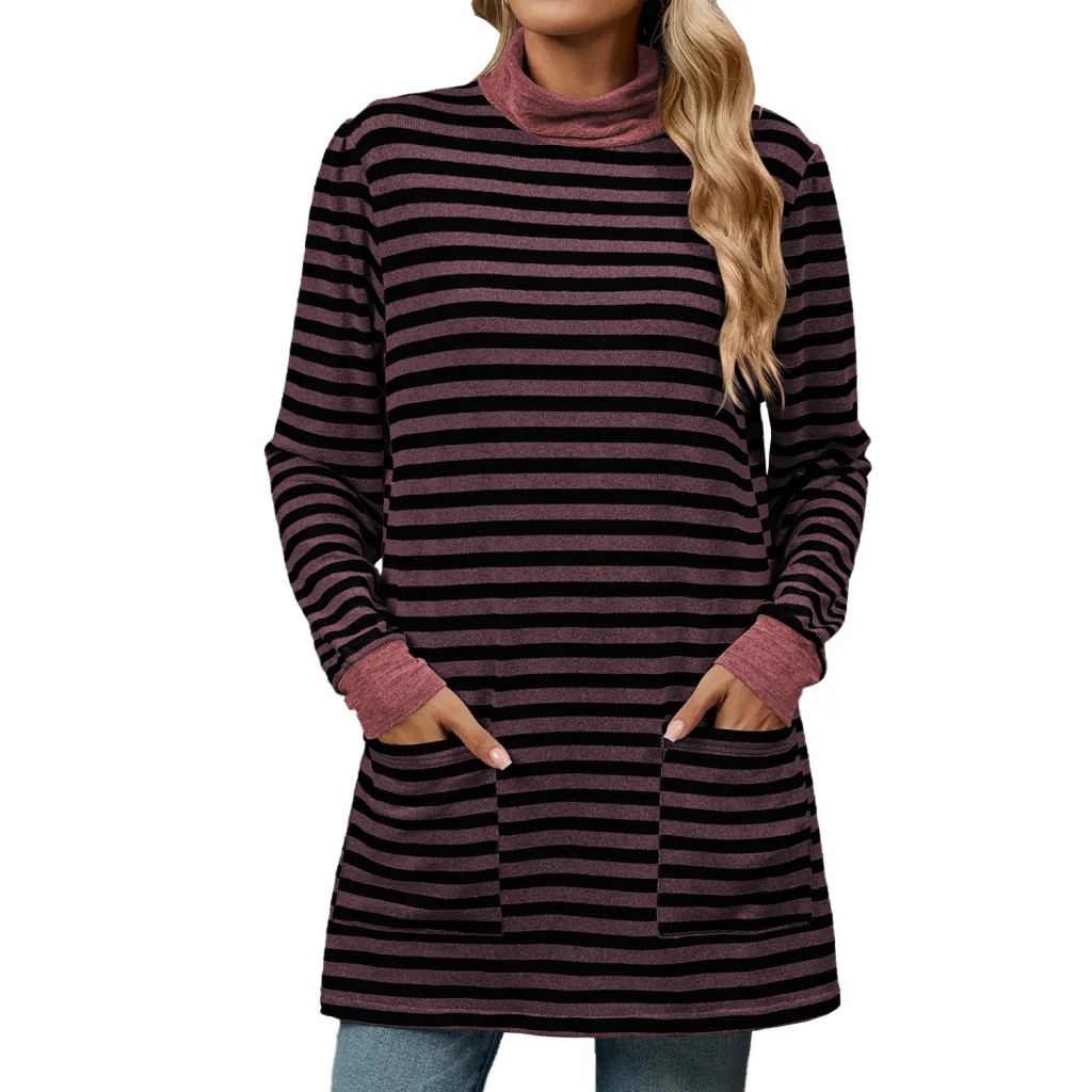 Fashion Striped Print Long Sweatshirt With Pocket Loose Long Sleeve Pullover T-shirt Top For Womens Clothing - Red