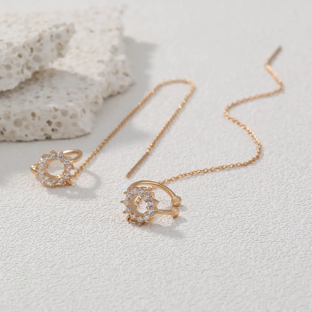 New Korean Super Fairy Ear Thread Female Fashion Personality Round Copper Micro Set Zircon Ear Studs Earbone Clip Chain Simple Style Long Earrings