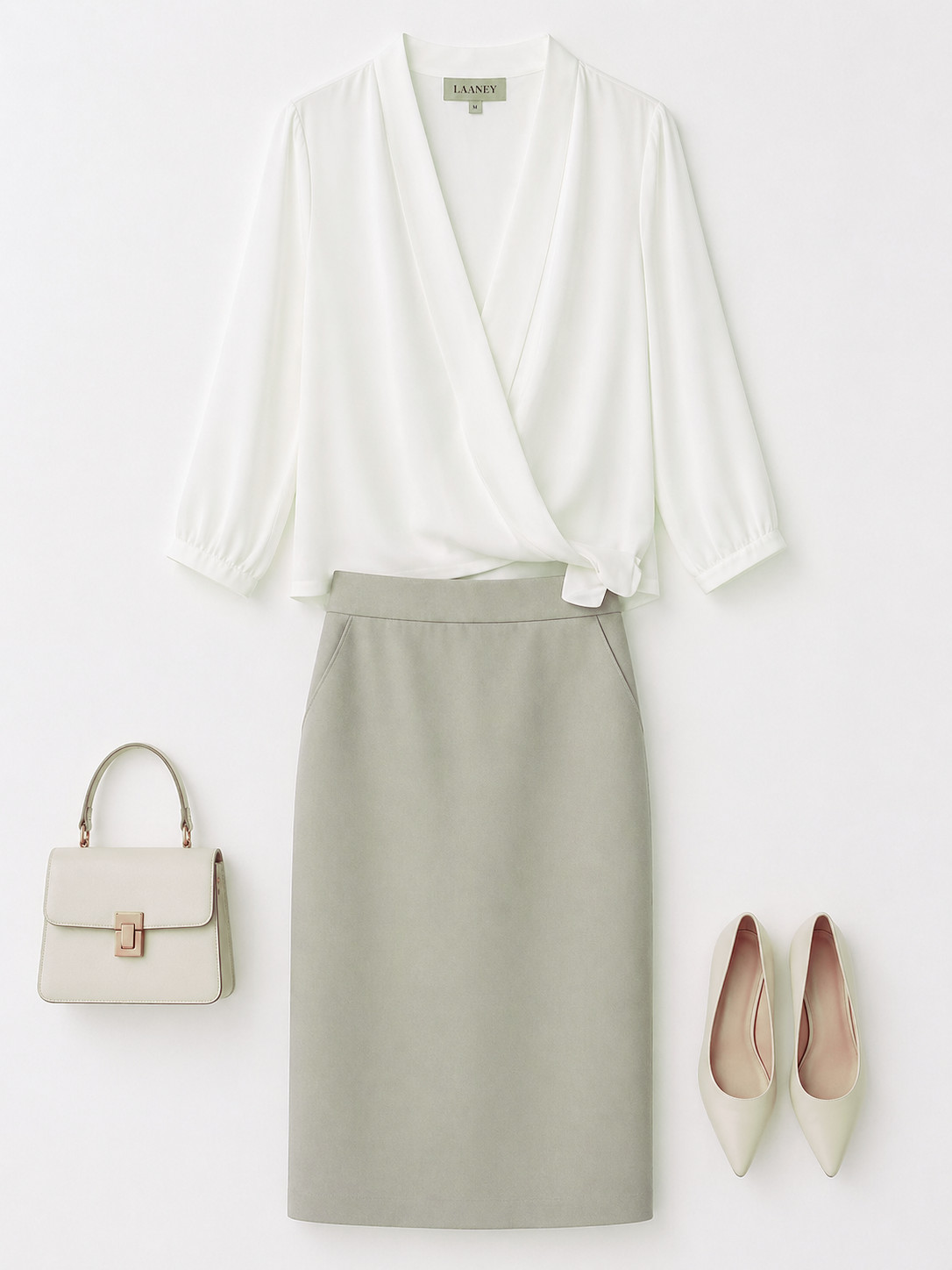 Women 2 Piece Set White Wrap Blouse Midi Pencil Skirt Office Work Outfit UK 8