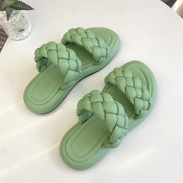 Women's New Fairy Style Woven Flat Retro Slippers Green - Shop at LoveMi