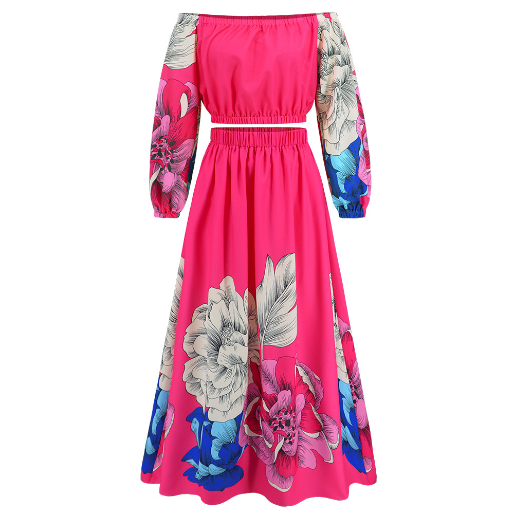 Women's Fashionable Retro Long-sleeved Top Wide Hem Printed Long Skirt Suit