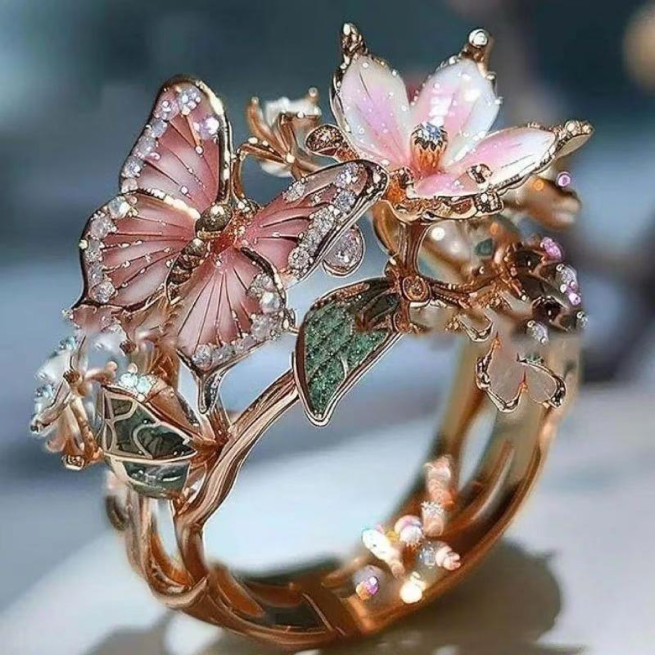 New Colorful Enamel Butterfly & Flower Open Ring, Fashion Jewelry thumbnail 4
