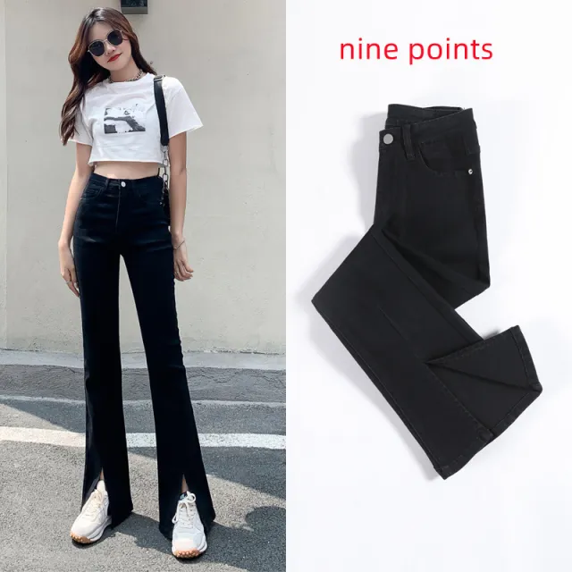 Women's Summer New High Waist Elastic Wide Leg Jeans Black Nine Points - Shop at LoveMi