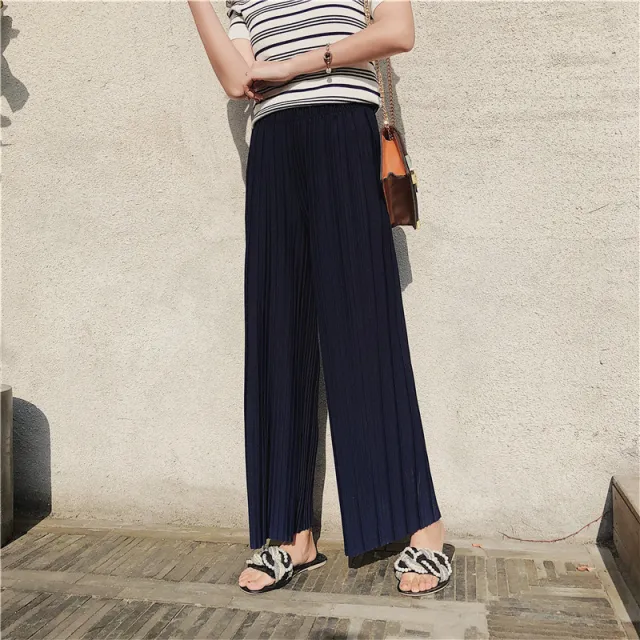 High Pleated Chiffon Wide leg Pants For Women In Spring And Summer Pleated Chiffon Navy Blue - Shop at LoveMi