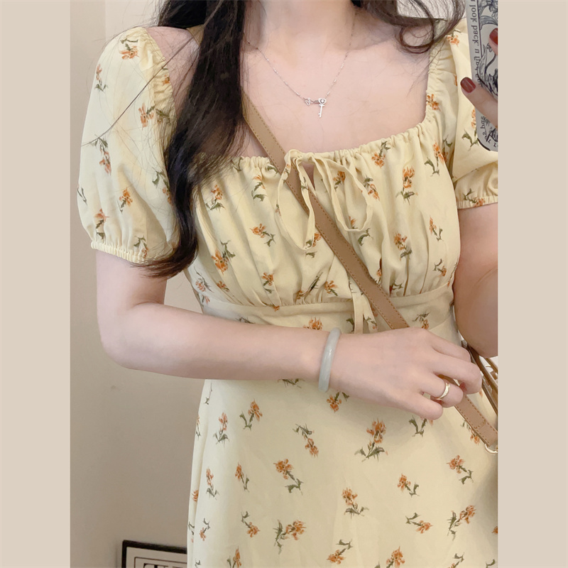 Cheese Yellow Floral Pullover Tie Square Neck Dress