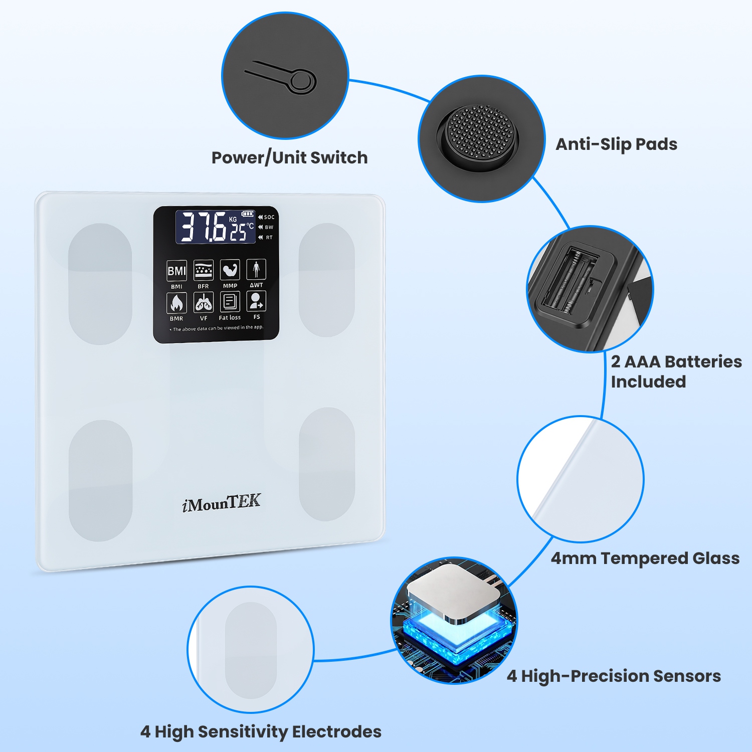 Smart Digital Scale For Body Weight High Accuracy BMI Weight Scale Full Body Composition Analysis Sync With APP 4mm Tempered Glass 397LBS Capacity LCD Display — foto 5