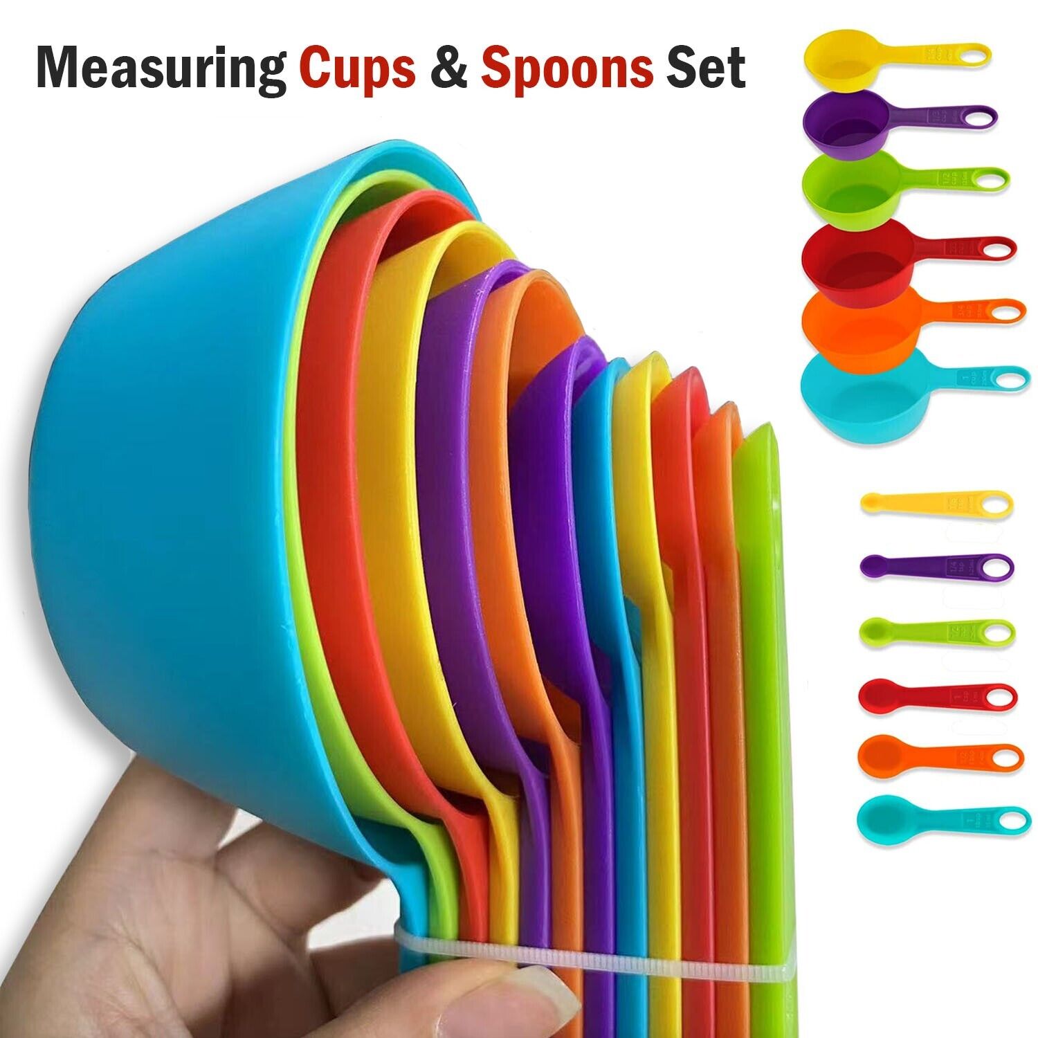 6 Measuring Spoons and 6 Cups Set. we ship only inside the US, USPS First Class Package 2 Day Handling , 2-5 Day Shipping. 12-Piece Plastic Measuring Cups and Spoons Set Great for Baking and Cooking 12 Piece Measuring Cups and Spoons Set, Colored Kitchen 