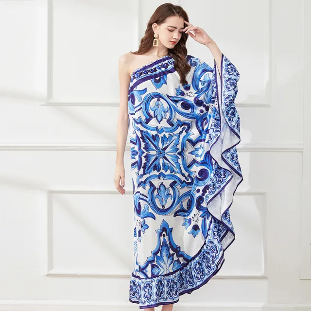 Asymmetrical Design Diagonal Shoulder Print Loose Dress Blue - Shop at LoveMi