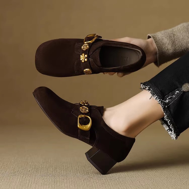 Women's Round Toe New Loafers With Rhinestones, 2025 Vintage French Deep Vamp Chunky Heel Suede Pumps For Spring & Autumn
