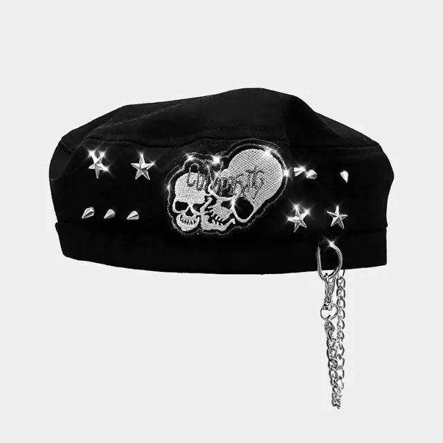 Original Punk Rock Girl Rock Skull Chain Beret Black - Shop at LoveMi