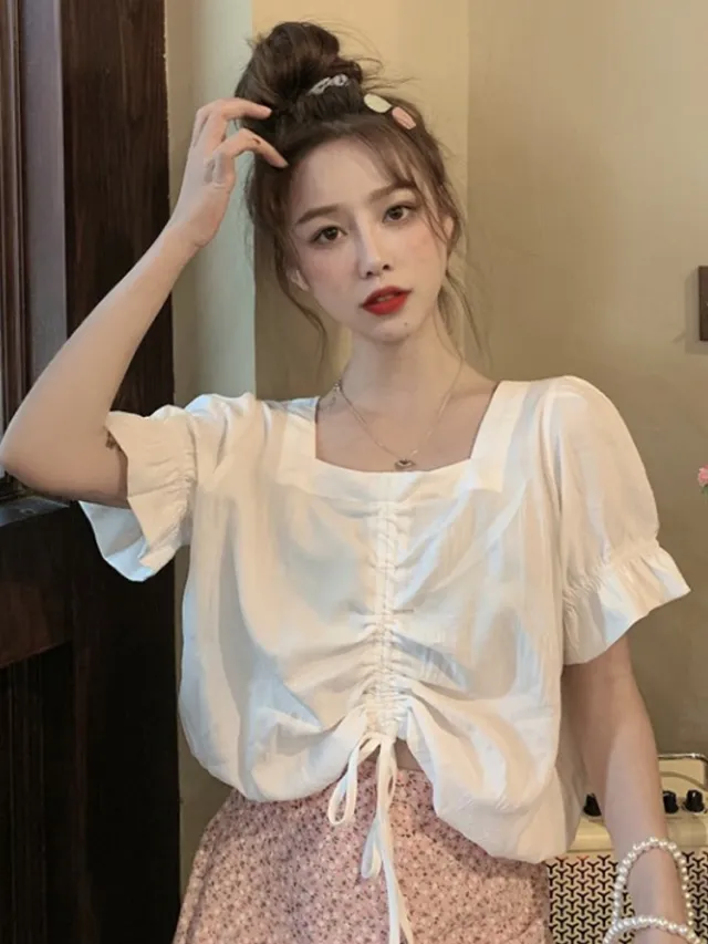 Korean Women's French Square Collar Blouse Shirt White - Shop at LoveMi