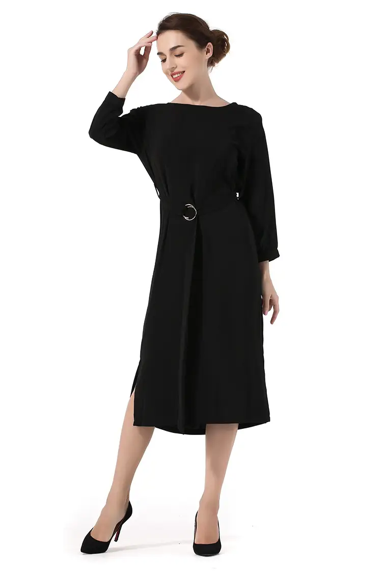 Loose Open Back Round Neck Bat Sleeve Solid Color Split Dress
