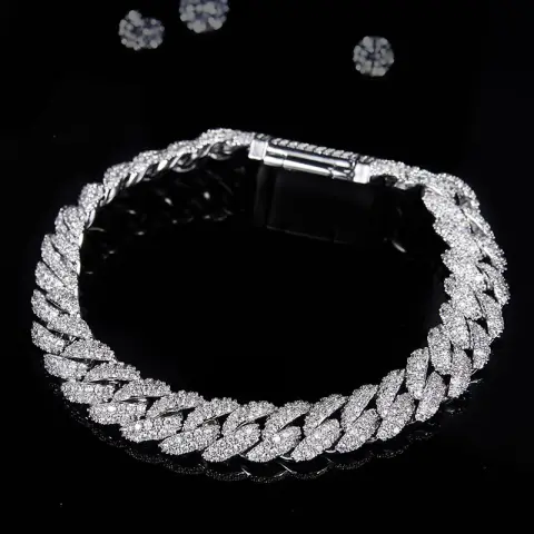 Silver Cuban Bracelet or Necklace with Moissanite Diamonds