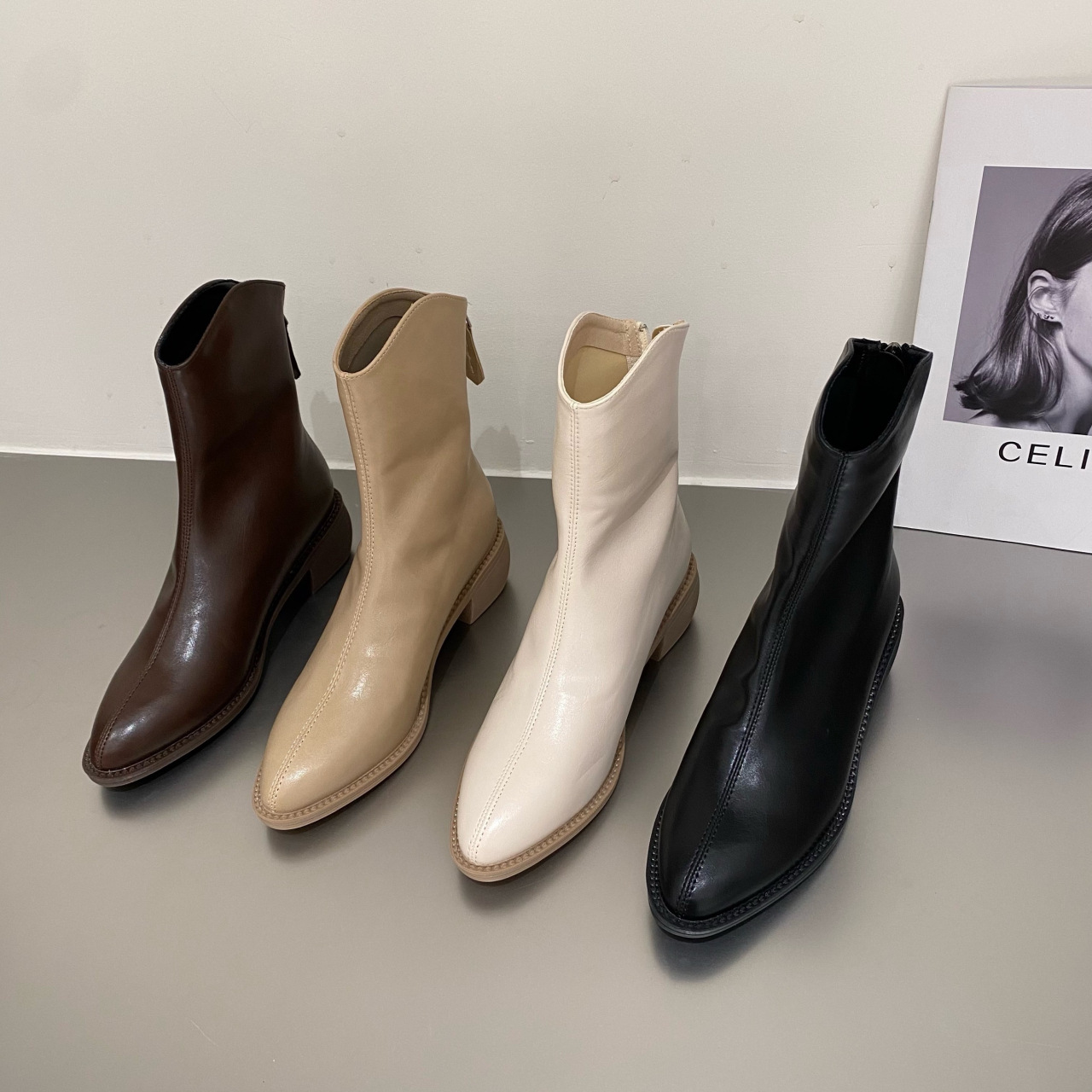 Women's Thick Heel Back Zipper Pointed Toe Ankle Boots