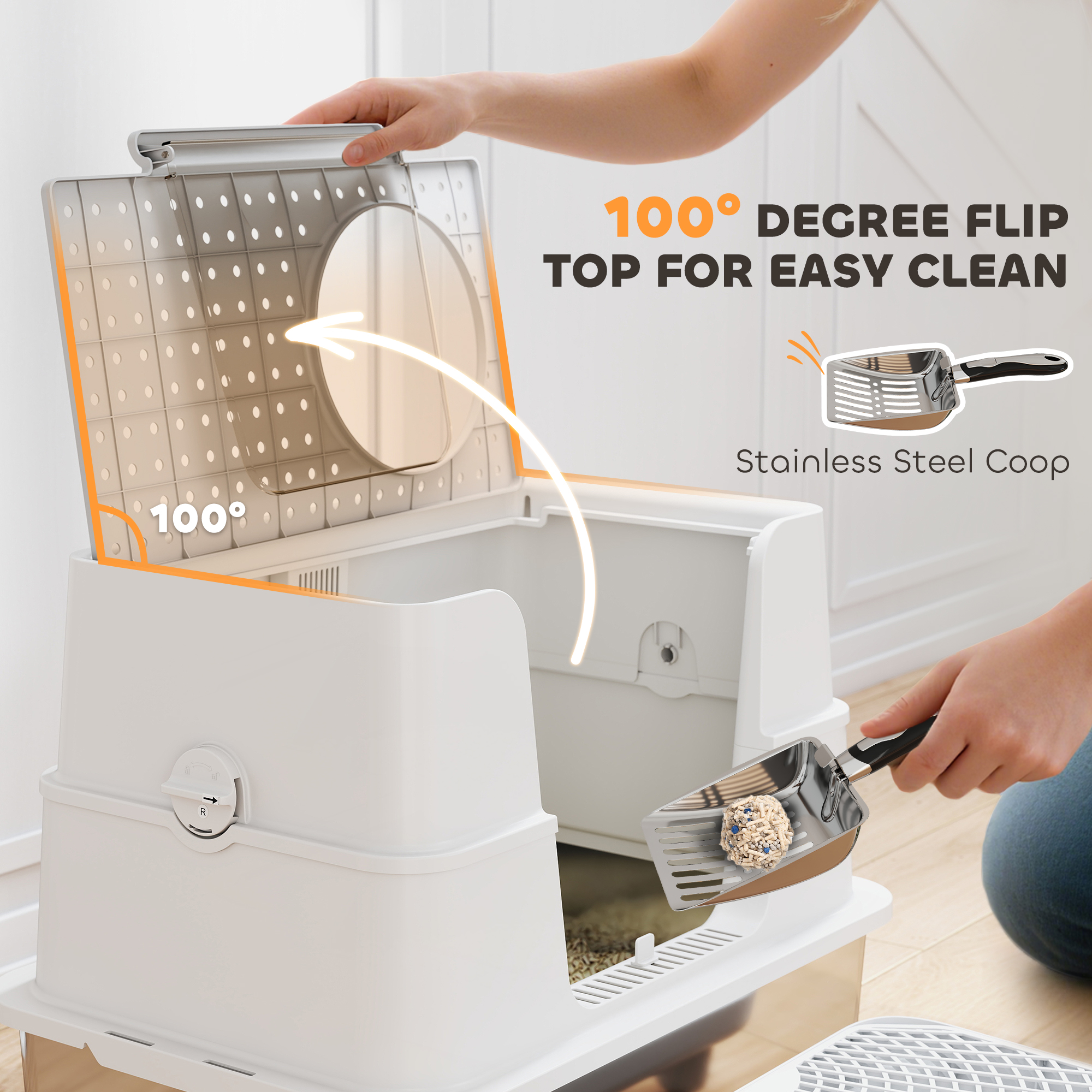 XL Stainless Steel Litter Box W  Flip Top, Scoop, Step, Top & Side Entry Enclosed Litter Box For Big Cats