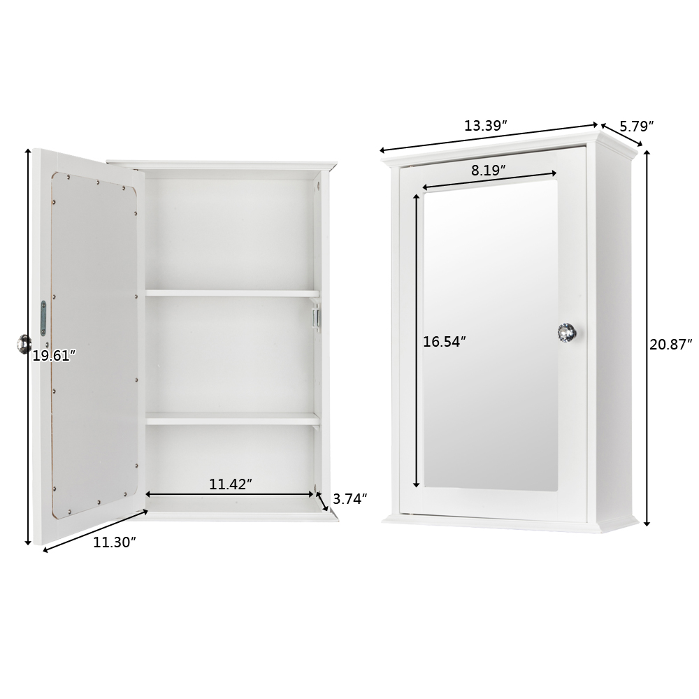 Single Door Mirror Indoor Bathroom Wall Mounted Cabinet Shelf White 14