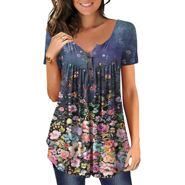 New Plus Size Printed Deep V Pullover Women's T Shirt Navyflowers - Shop at LoveMi