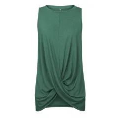Round Neck Sleeveless Pleated Stitching T-shirt Top - Dark Green - View 1