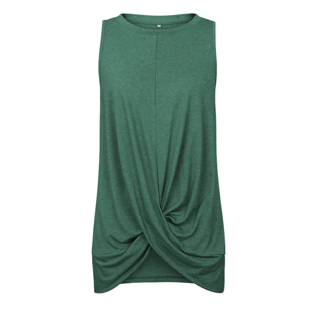 Round Neck Sleeveless Pleated Stitching T shirt Top Dark Green - Shop at LoveMi
