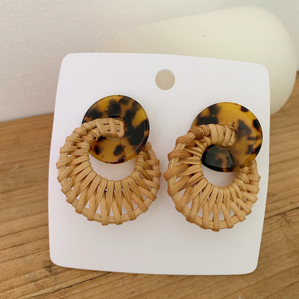 Hot Sale Leopard Pattern Rattan Earrings Acetate Acrylic Rattan Straw Woven Geometric Round Earrings Earrings
